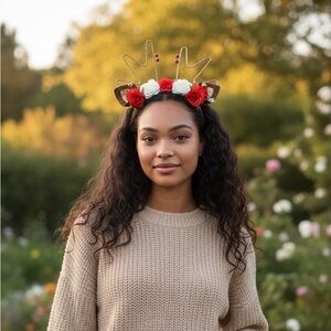Floral Reindeer Antler Headband - Red & White Roses